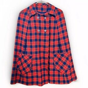 Gorgeous Vintage Wool Poncho Cape Red Blue Tartan Plaid 60s 70s XS-M